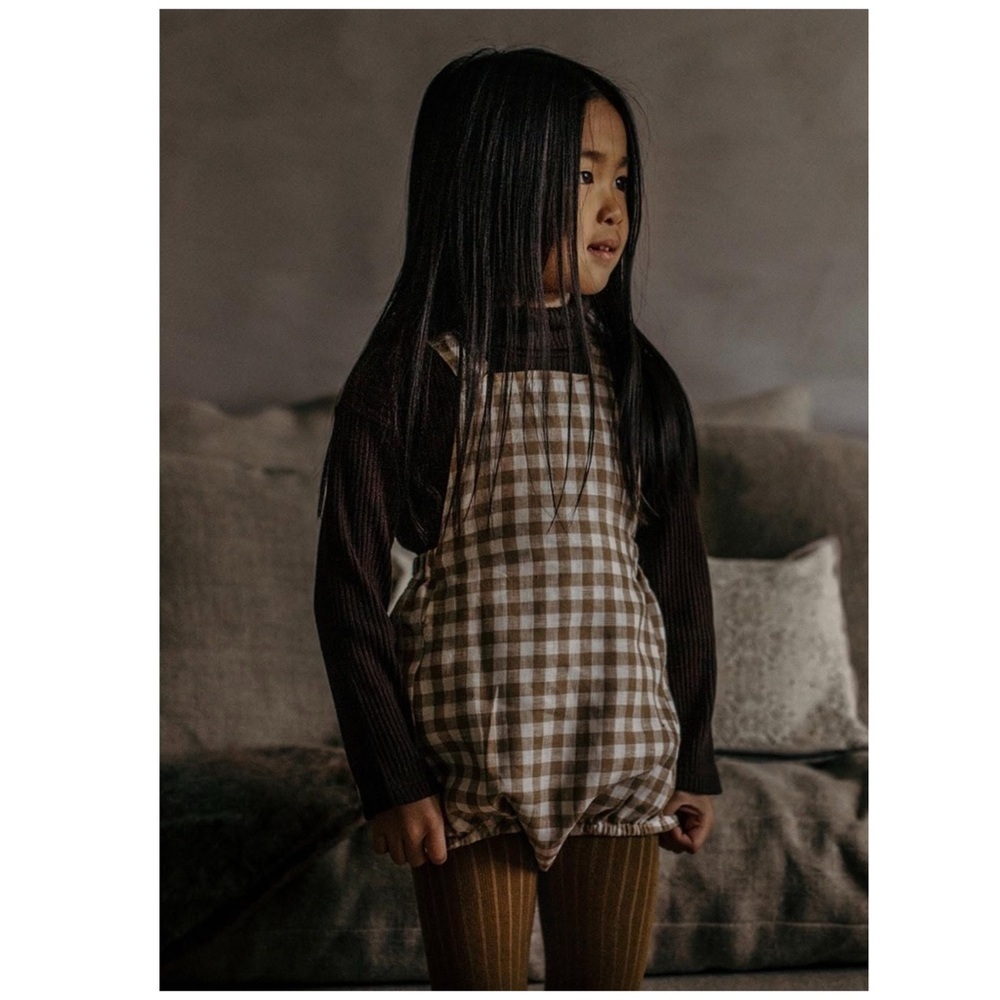 The Simple Folk Cowgirl Linen Gingham Overall Bloomer Romper Bronze Gingham 9/10